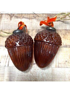 Vintage Brown Glass Acorn Ornament Set With Textured Detailing Rustic Fall Décor